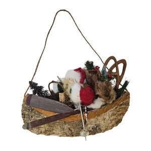 Rustic Santa Claus Canoe Christmas Cabin Holiday Decor Fishing Paddles Snowshoes
